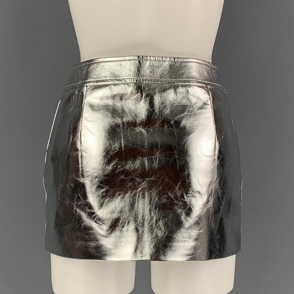 SAINT LAURENT 2022 Size 4 Silver Leather High Waist Mini Skirt - Picture 3 of 7